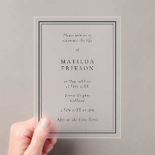 Elegant Funeral   Classic Celebration of Life Acrylic Invitations