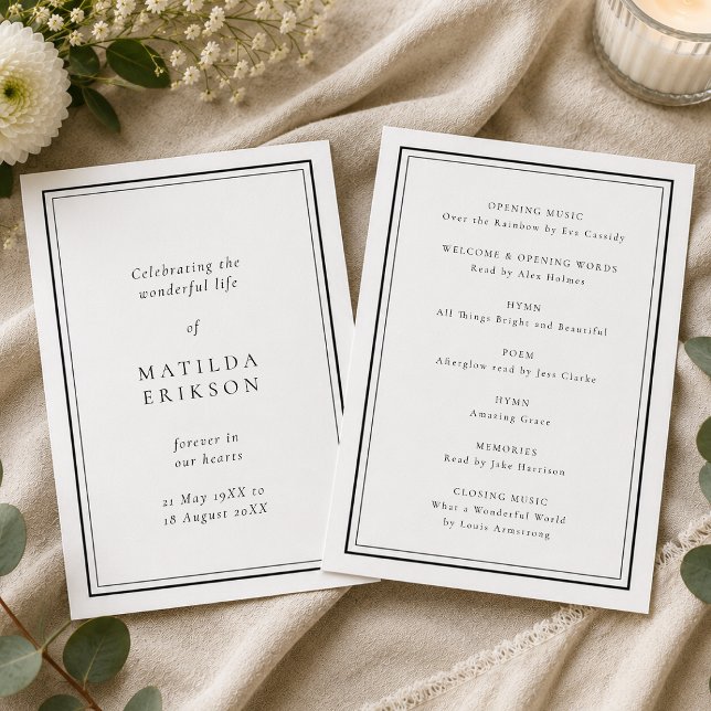 Elegant Funeral | Classic Order of Service Program (Personalized funeral program with classic border for memorial order of service details.)