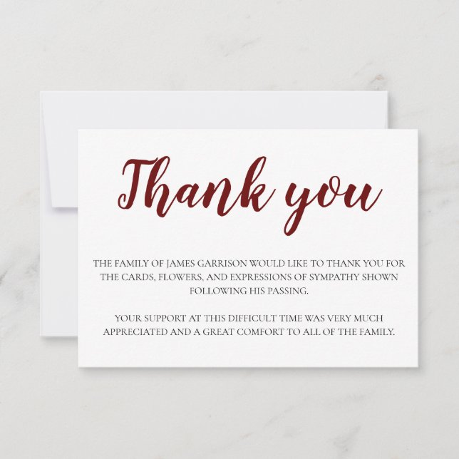 Elegant Funeral Dark Red And White Thank You (Front)
