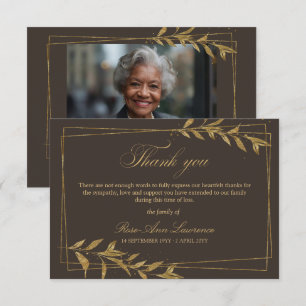 Elegant Funeral Gold Frame Leaves Photo Thank You Card