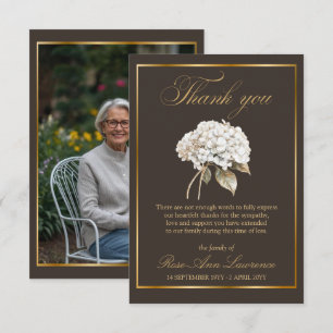 Elegant Funeral Gold White Hydrangea Photo Thank You Card