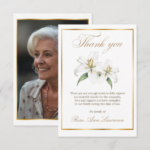 Elegant Funeral Gold White Lily Photo Thank You Card