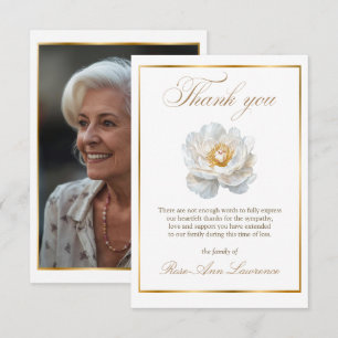 Elegant Funeral Gold White Peony Photo Thank You Card