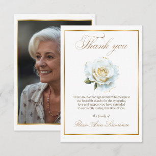 Elegant Funeral Gold White Rose Photo Thank You Card
