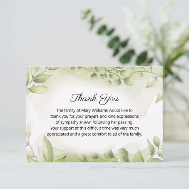 Elegant Funeral Greenery Memorial Thank You Card (Standing Front)