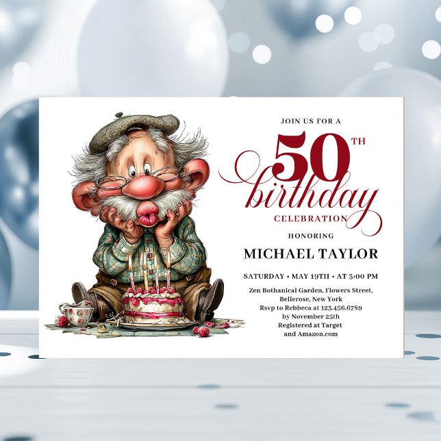 Elegant Funny Man 50th Birthday Humor Cartoon  Invitation (funny man 50th birthday, 
trendy colors burgundy red, 
party invitation,
whimsical humor,
quirky, 
p)