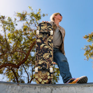 Elegant Fusion: Black and Gold Flowers Flemish Skateboard