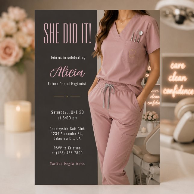 Elegant Future Dental Hygienist Invite (Elegant blush dental hygienist graduation invite with feminine modern medical aesthetic)