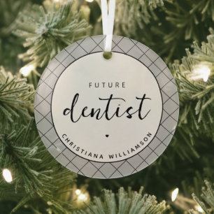 Elegant Future Dentist Check Pattern Personalised Glass Tree Decoration