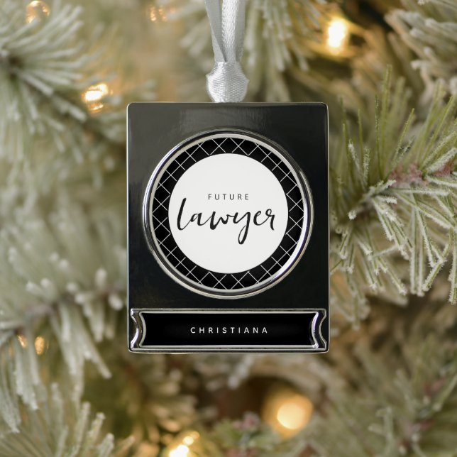 Elegant Future Lawyer Check Pattern Personalised Silver Plated Banner Ornament (Tree)