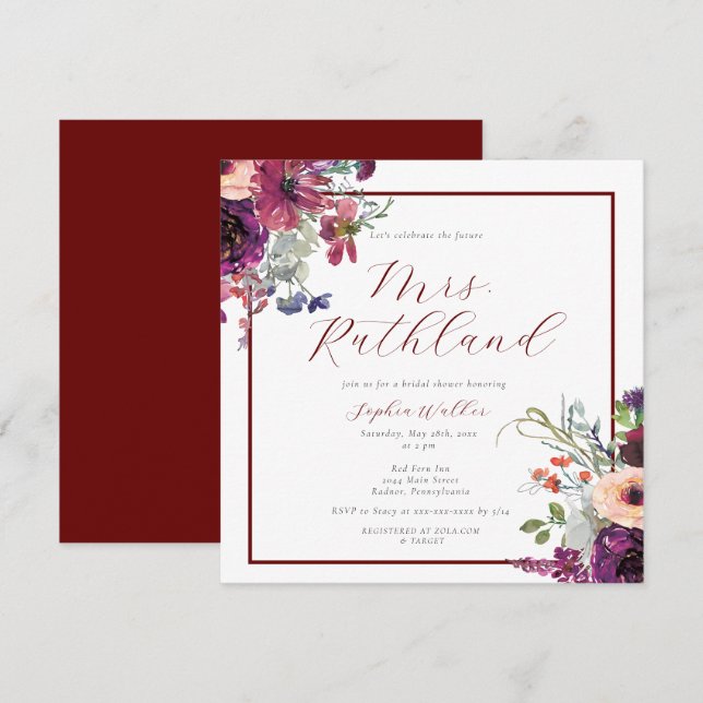 Elegant Future Mrs Burgundy Floral Bridal Shower Invitation (Front/Back)