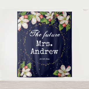 Elegant future mrs navy blue floral golden glitter tapestry