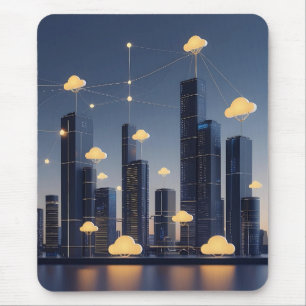 Elegant Futuristic Smart City Wireframe – Glowing  Mouse Pad