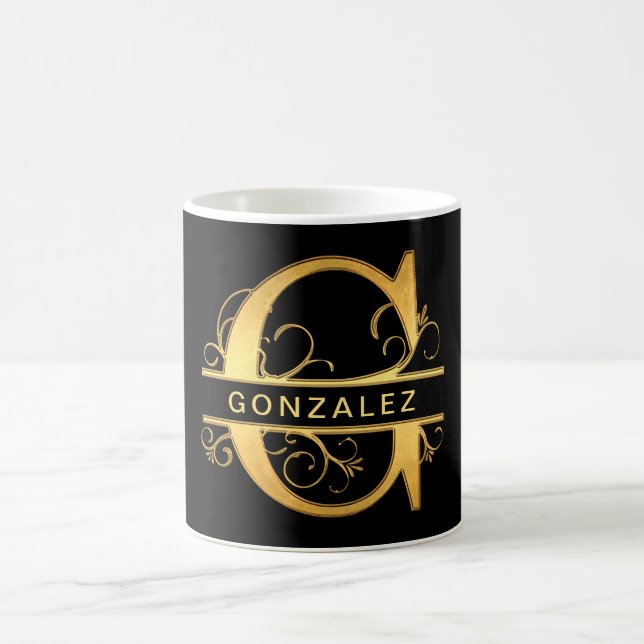 Elegant "G" Monogram Personalised Name Black Gold Coffee Mug (Center)