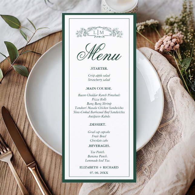 Elegant G reen botanical crest monogram wedding Menu (Creator Uploaded)