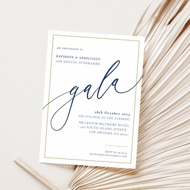 ELEGANT GALA calligraphy stylish formal gold navy Invitation (Creator Uploaded)