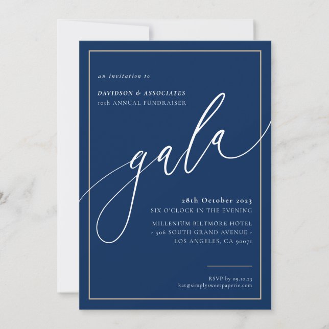 ELEGANT GALA calligraphy stylish formal navy gold Invitation (Front)