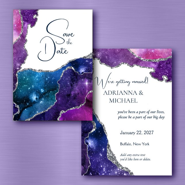 Elegant Galaxy Agate Silver Wedding Save the Date Invitation (Creator Uploaded)