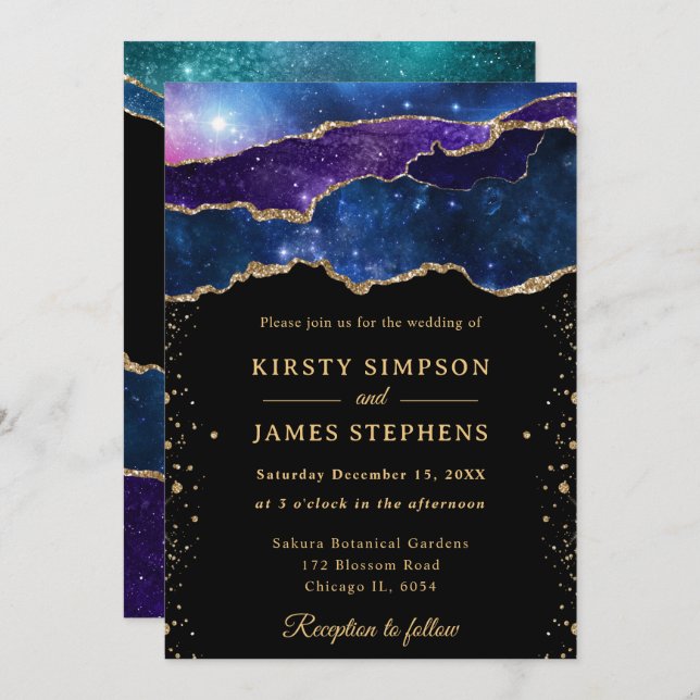 Elegant Galaxy and Gold Glitter Agate Wedding Invitation (Front/Back)