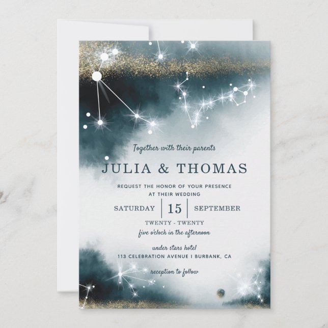 Elegant Galaxy Blue Gold Stars Wedding Invitation (Front)