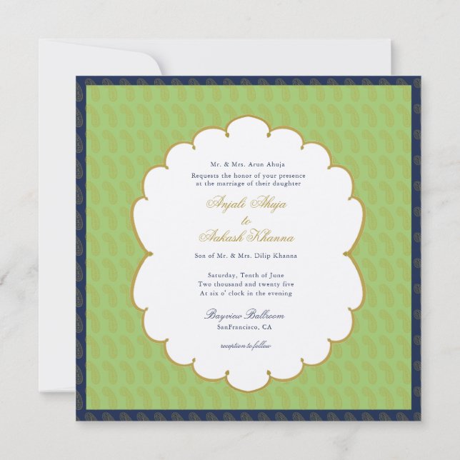 Elegant Ganesh gold and green Indian wedding Invitation (Back)