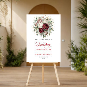 Elegant Garden Burgundy Flowers Gold Welcome Sign