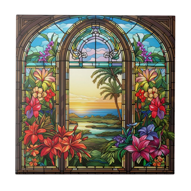 elegant garden faux stained glass  ceramic tile (Front)