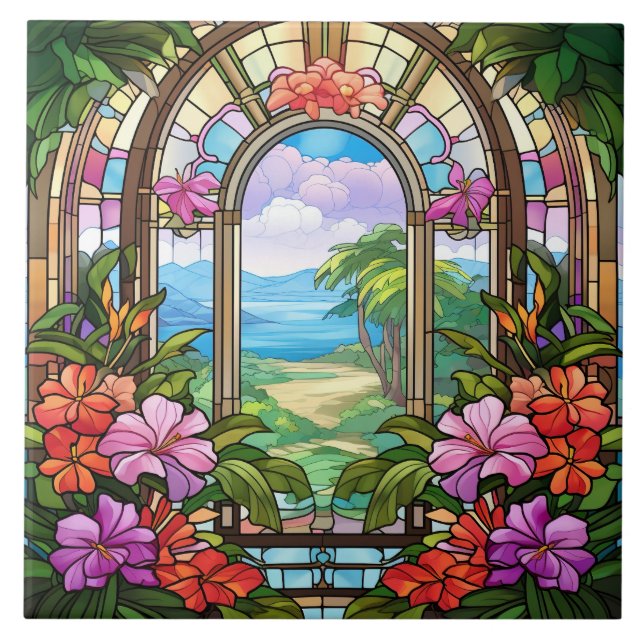 elegant garden faux stained glass ceramic tile (Front)