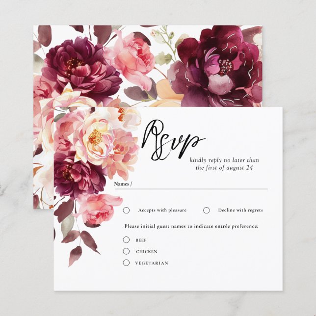 Elegant Garden Floral Burgundy Wedding RSVP Cards (Front/Back)