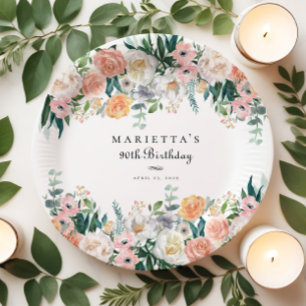 Elegant Garden Floral Greenery 90th Birthday Party Paper Plate