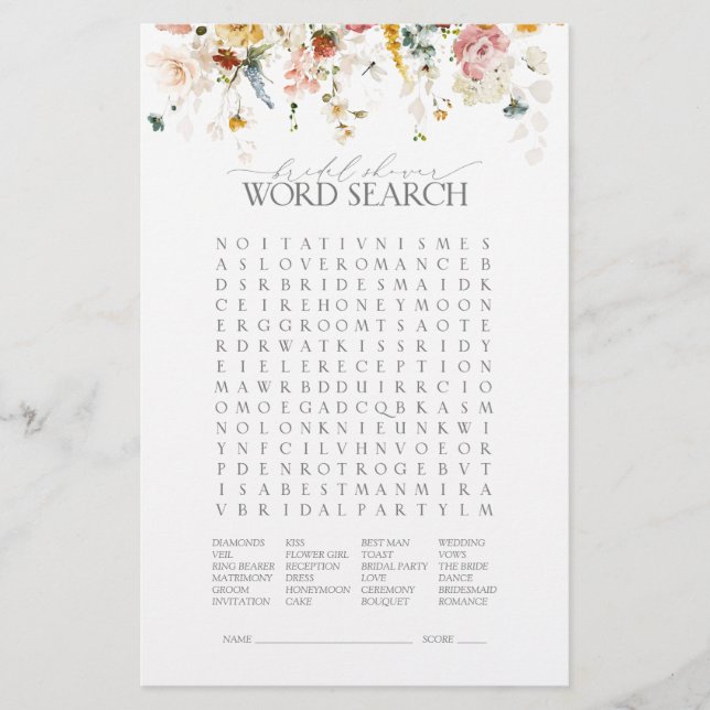Elegant Garden Flowers Floral Bridal Shower Game (Front)