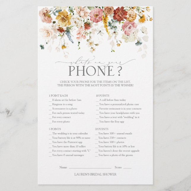 Elegant Garden Flowers Floral Bridal Shower Game (Front)