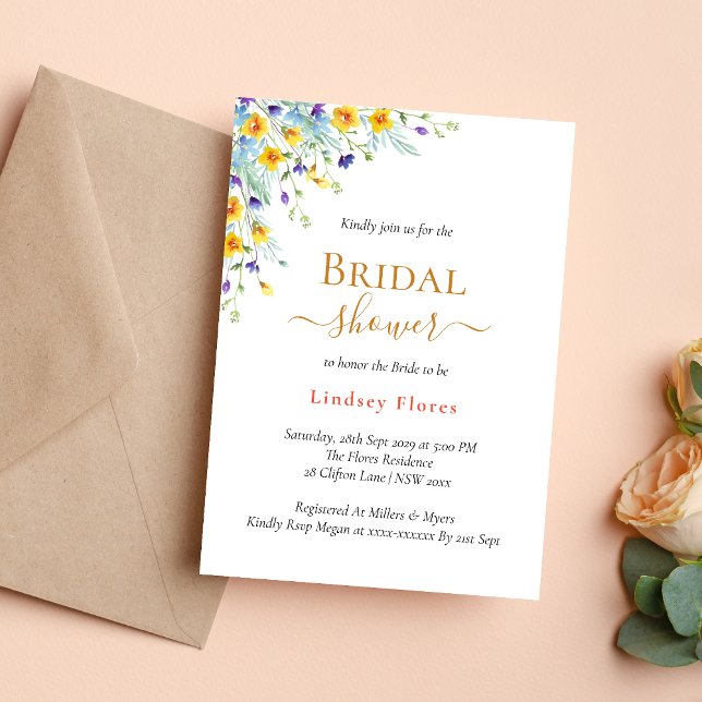 Elegant Garden Flowers Gold Bridal Shower Invitation (Creator Uploaded)