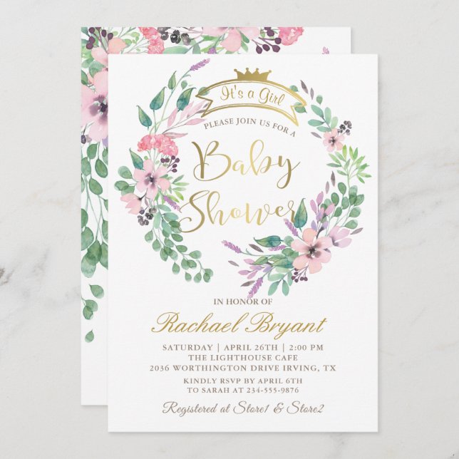 Elegant Garden Flowers Gold Crown Girl Baby Shower Invitation (Front/Back)