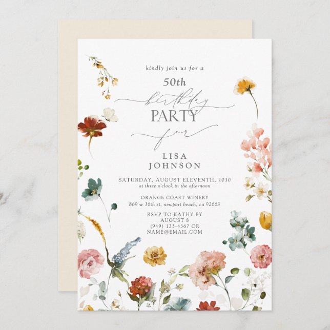 Elegant Garden Flowers Watercolor 50th Birthday Invitation (Front/Back)