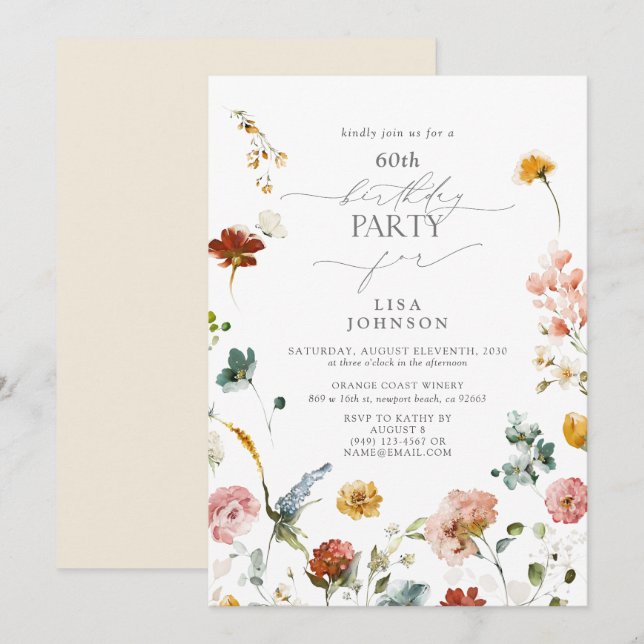 Elegant Garden Flowers Watercolor 60th Birthday Invitation (Front/Back)