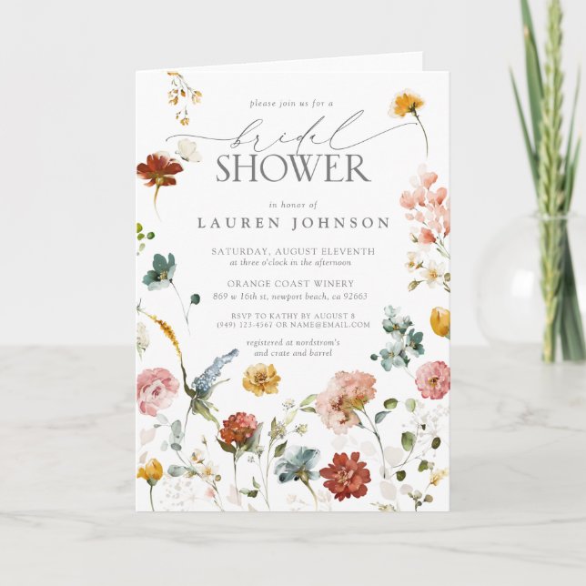 Elegant Garden Flowers Watercolor Bridal Shower Card (Front)