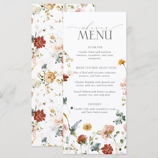 Elegant Garden Flowers Watercolor Bridal Shower Menu (Front/Back)