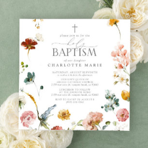 Elegant Garden Flowers Watercolor Holy Baptism Invitation