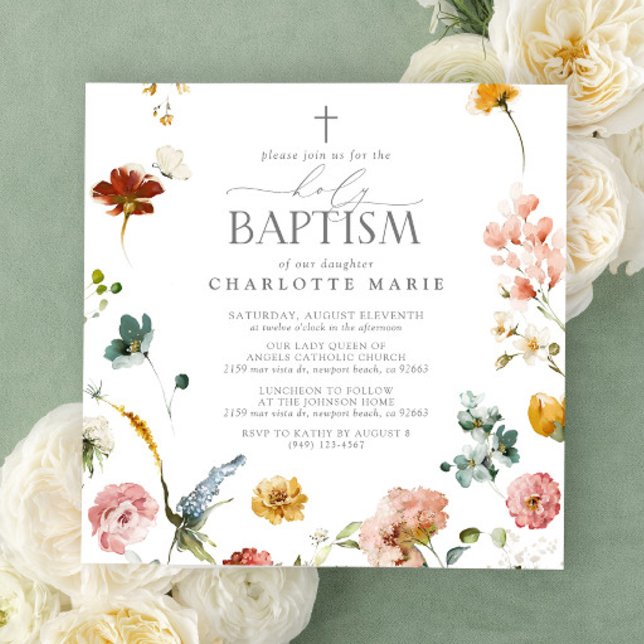 Elegant Garden Flowers Watercolor Holy Baptism Invitation (Holy Baptism Invitation)