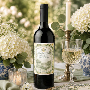 Elegant Garden Lakeside Pavilion Floral Wine Label