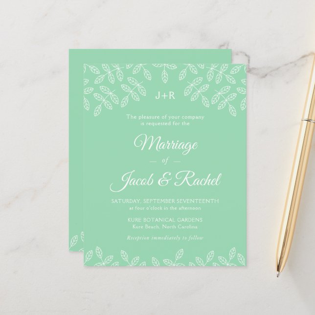 Elegant Garden Leaves Mint GreenWedding Invitation (Front/Back In Situ)