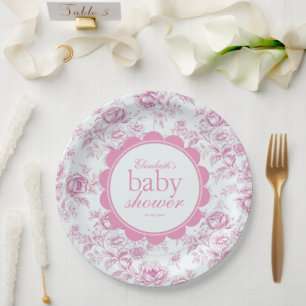 Elegant Garden Pink Chinoiserie Baby Shower Paper Plate