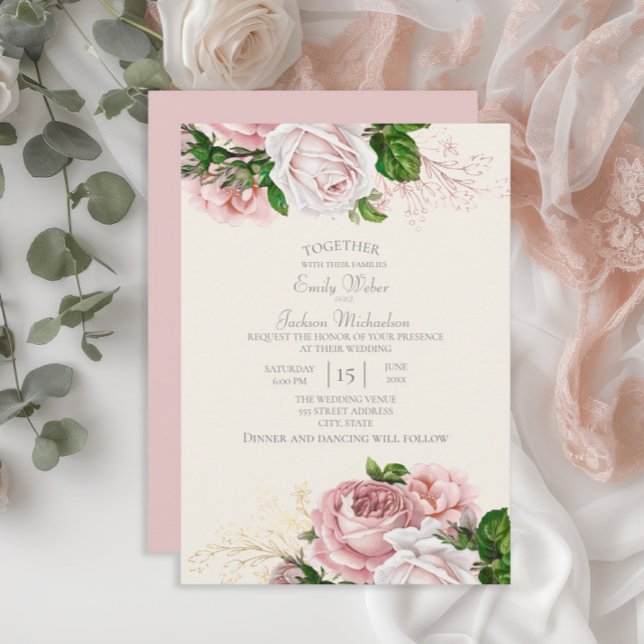 Elegant Garden Pink Floral Roses Cream Wedding Invitation (Blush pink vintage floral wedding invitation)