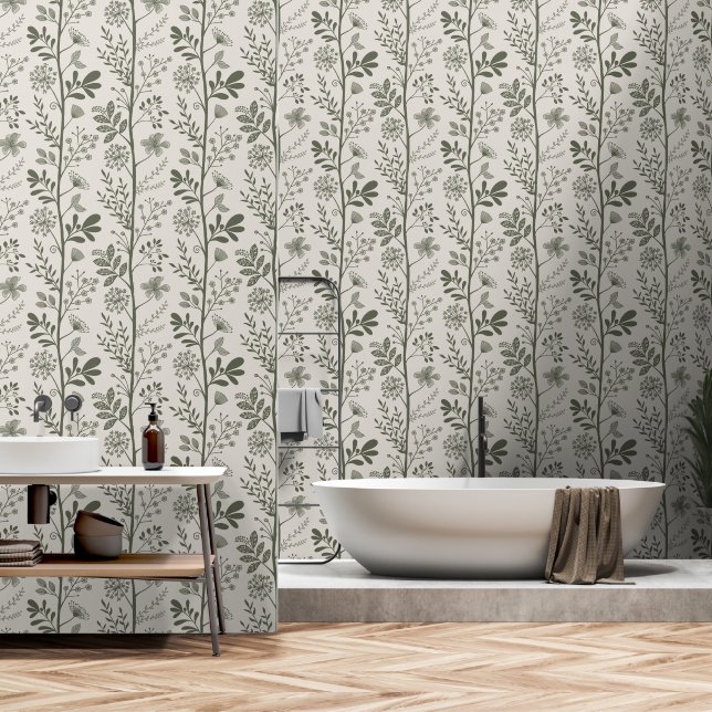 Elegant Garden Reverie Olive Green Botanical Wallpaper (Bathroom)