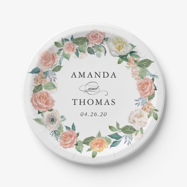 Elegant Garden Roses Floral Wreath Wedding Paper Plate (Front)