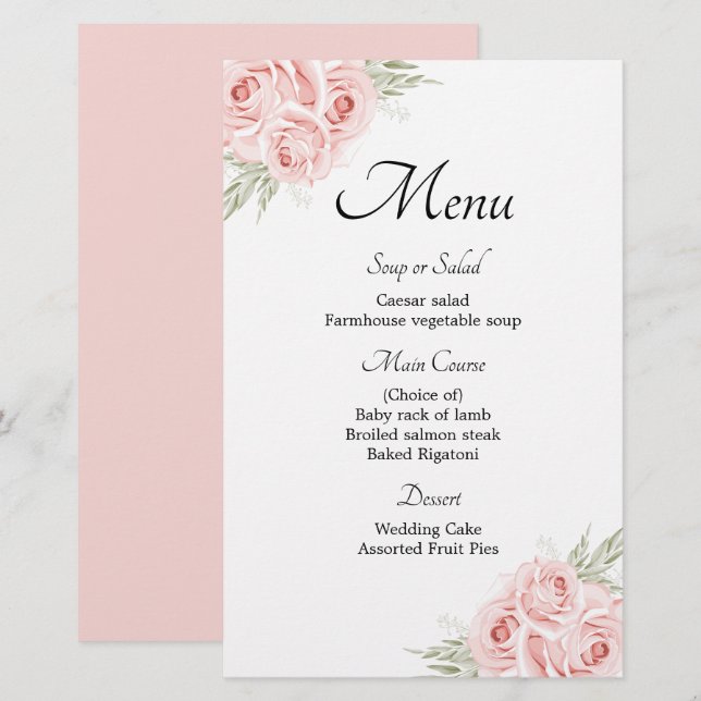 Elegant Garden Roses Pink Floral Wedding Menu (Front/Back)