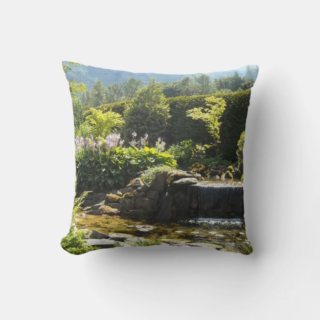 Elegant Garden Scene with Mini Waterfall Cushion (Front)