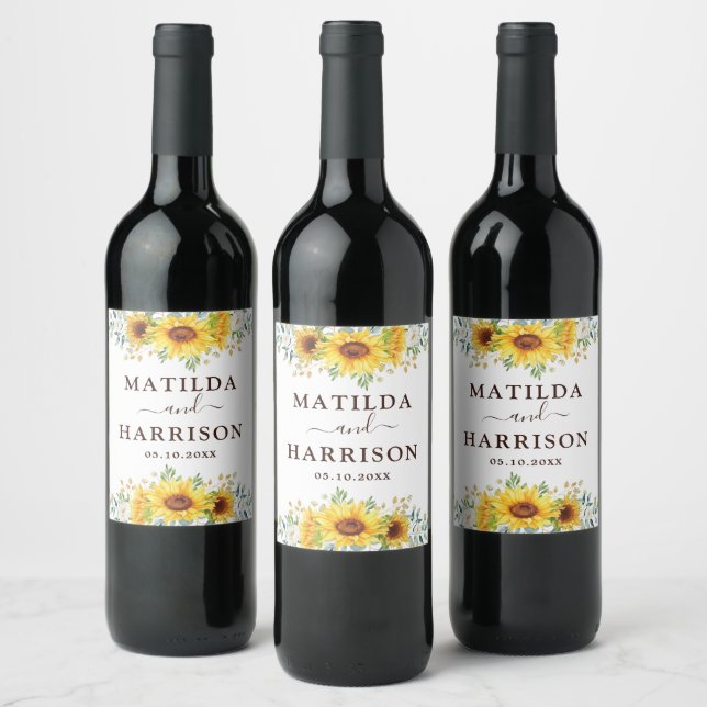 Elegant Garden Sunflowers Summer Botanical Wedding Wine Label (Bottles)