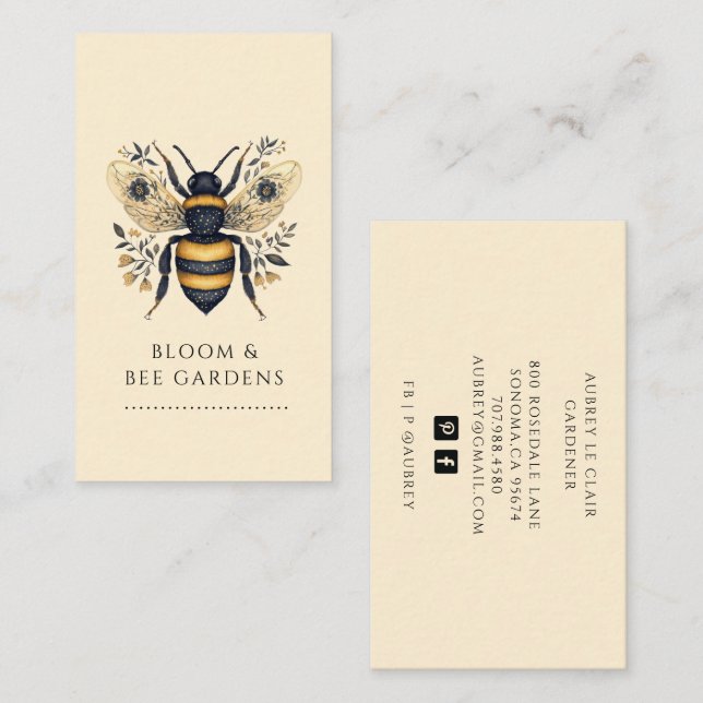 Elegant Gardener Botanical Bee Business Card (Front/Back)